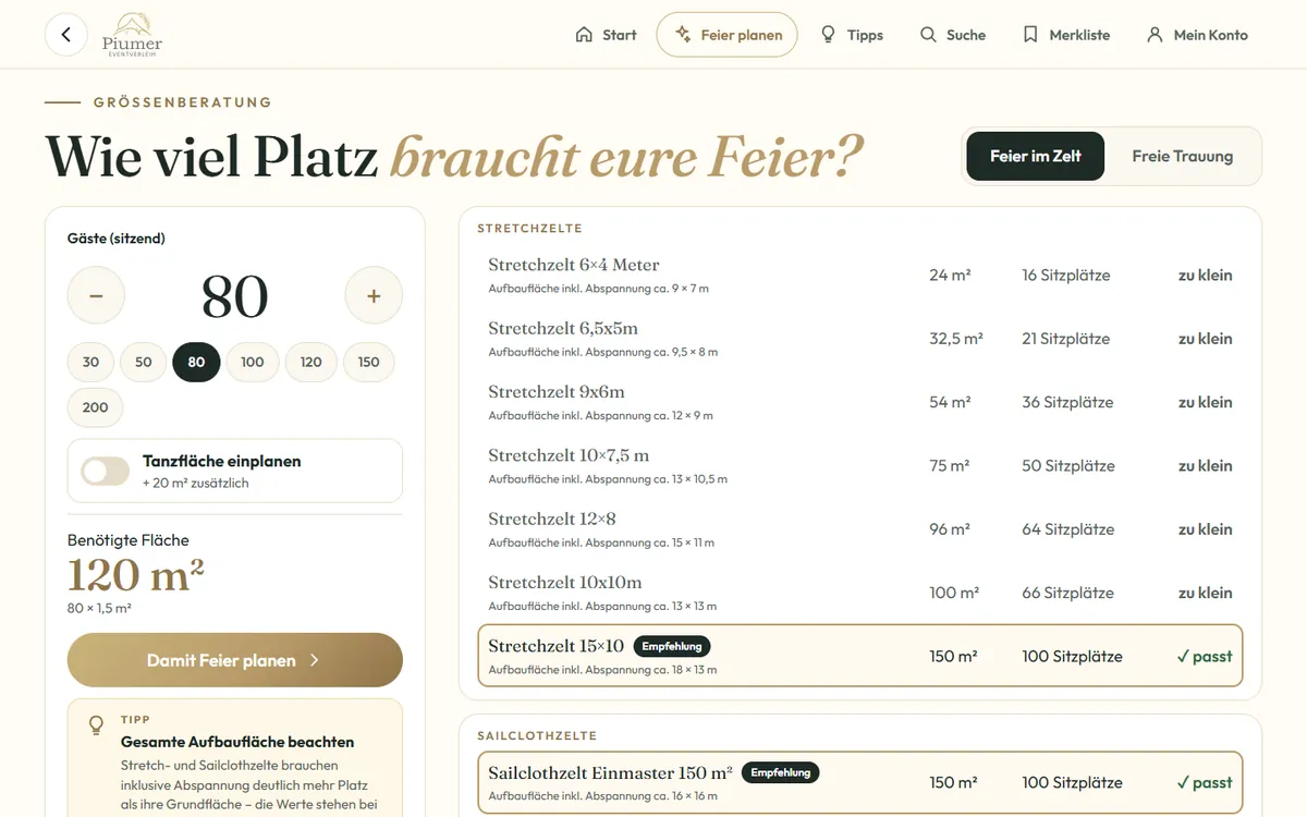 Größenberatung mit Zelten, die zur Gästezahl passen