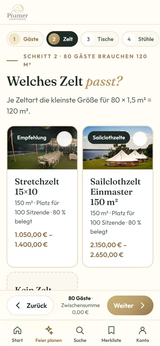 Feier-Planer Schritt 2: passende Zelte mit Belegung und Preis