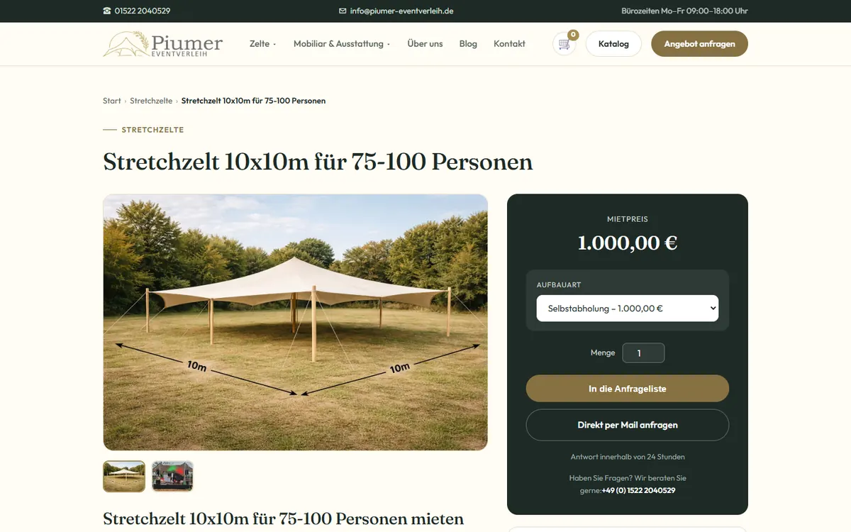 Produktseite Stretchzelt mit Preis