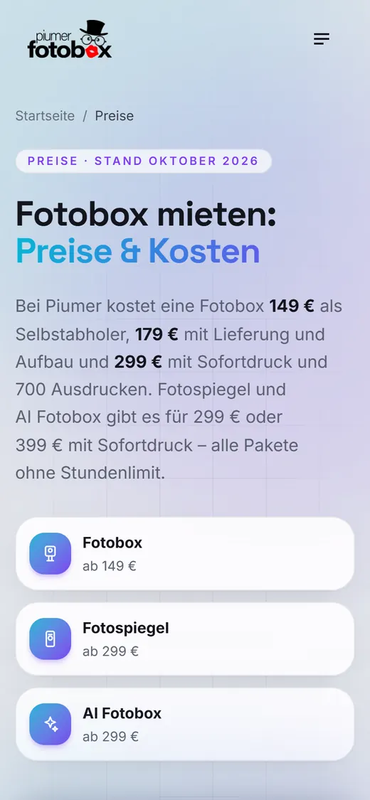 Preisseite von piumer-fotobox.de auf dem Handy