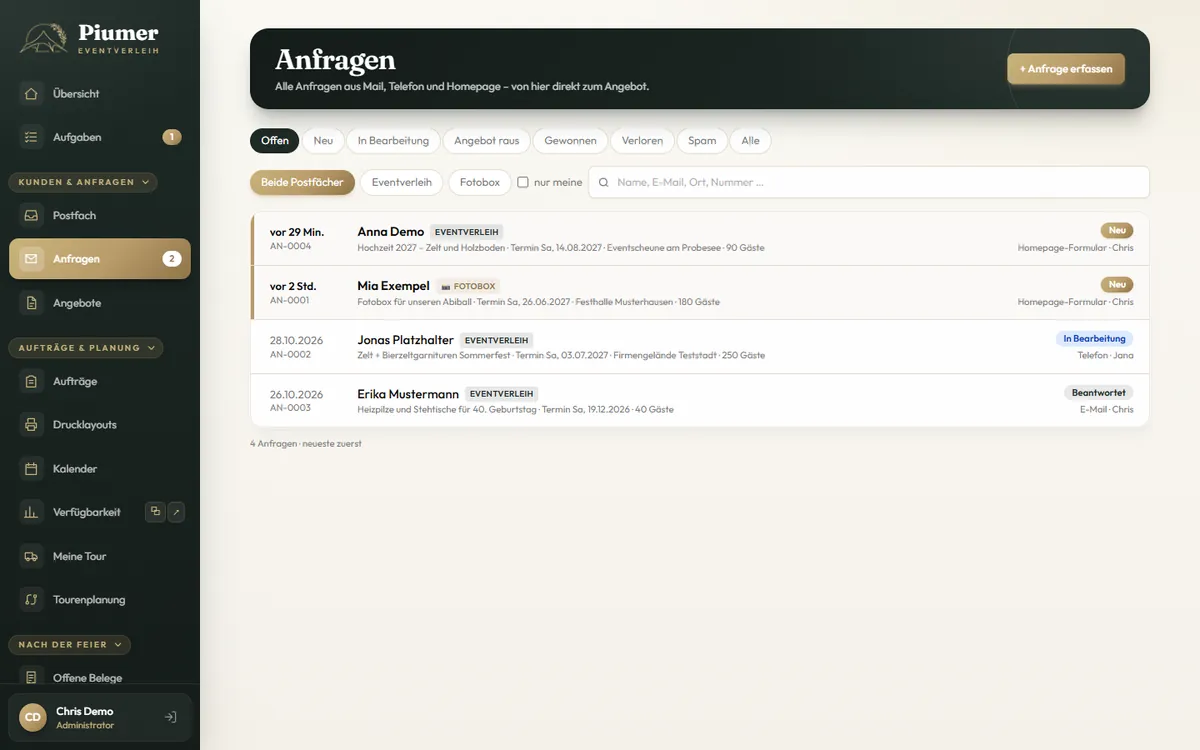 Eingang aller Anfragen aus Mail, Telefon und Website mit Status