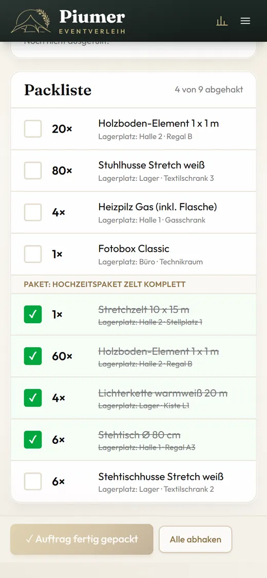 Packliste der Eventverwaltung auf dem Handy, ohne Preise