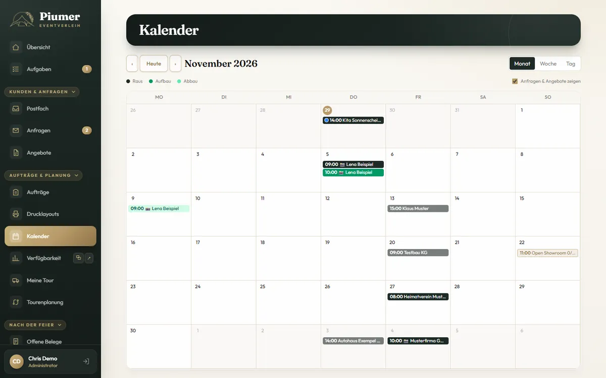 Kalender mit Lieferung, Aufbau und Abbau